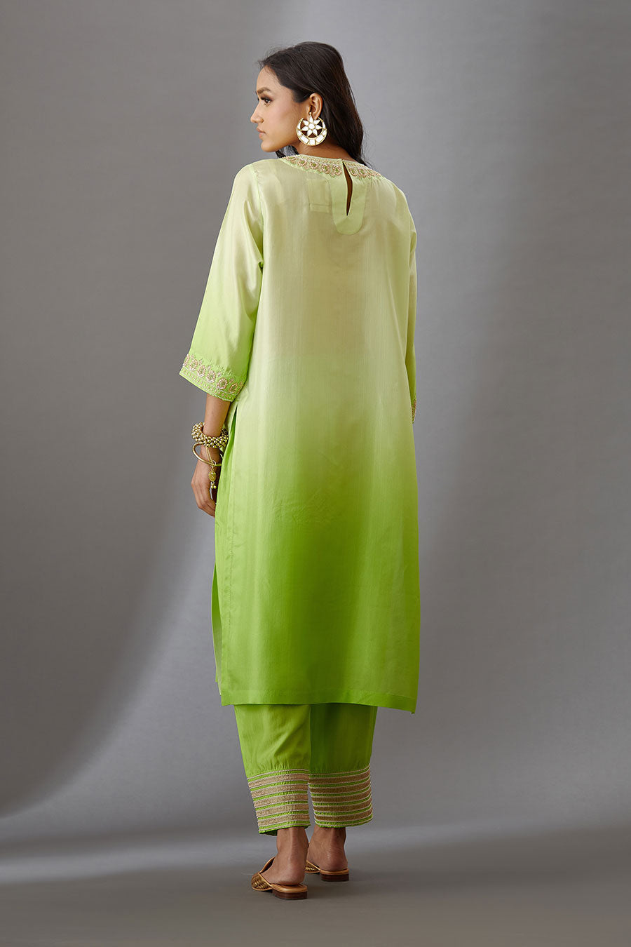 Lime Green Silk Embroidered Kurta & Pant Set