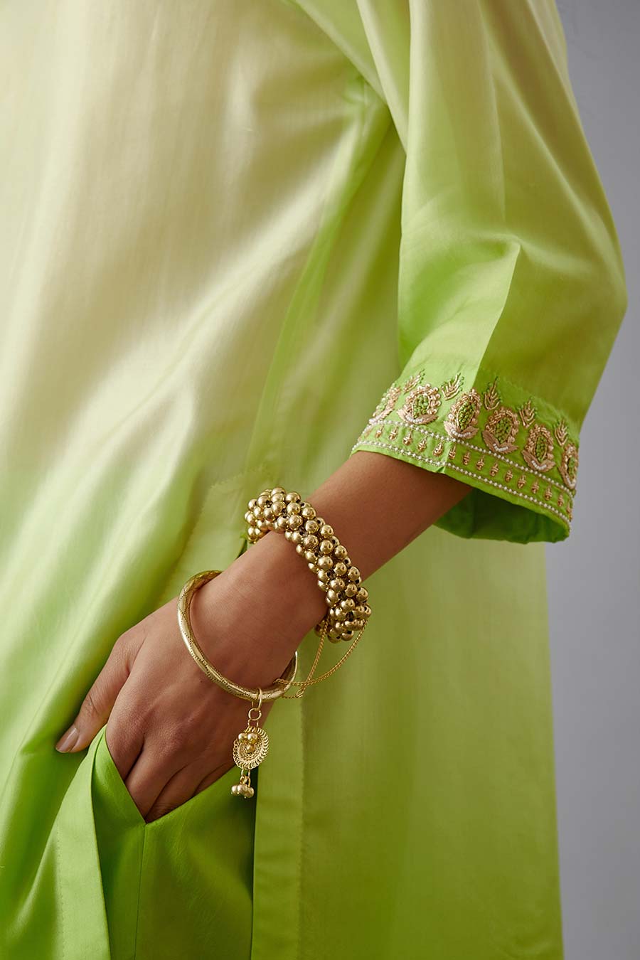 Lime Green Silk Embroidered Kurta & Pant Set