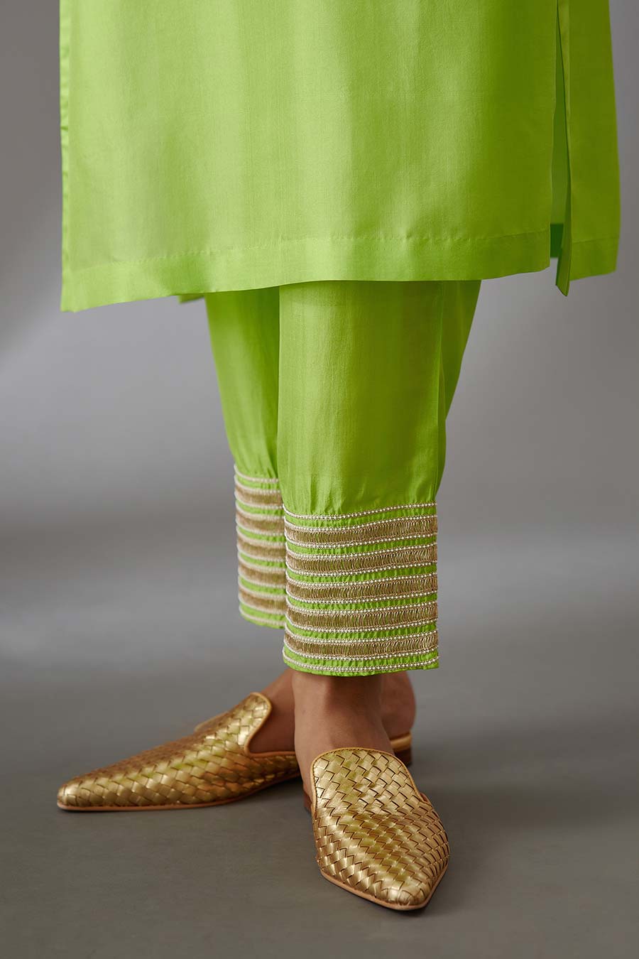 Lime Green Silk Embroidered Kurta & Pant Set