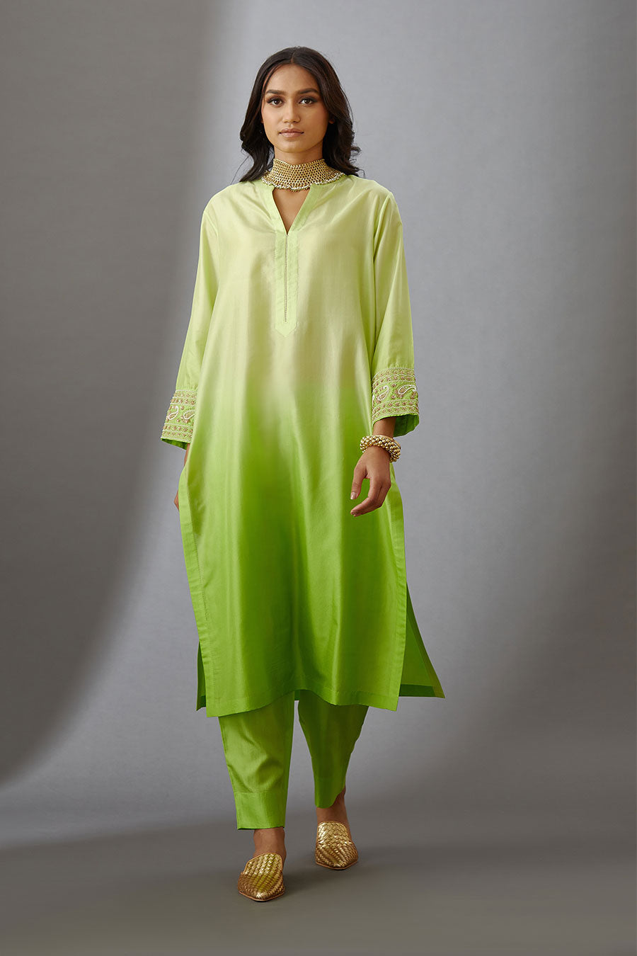 Lime Green Silk Embroidered Kurta & Pant Set