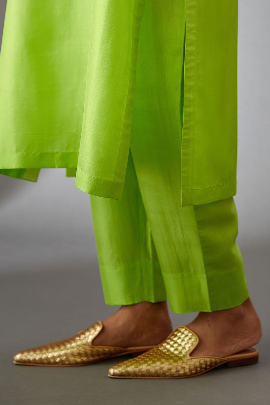 Lime Green Silk Embroidered Kurta & Pant Set