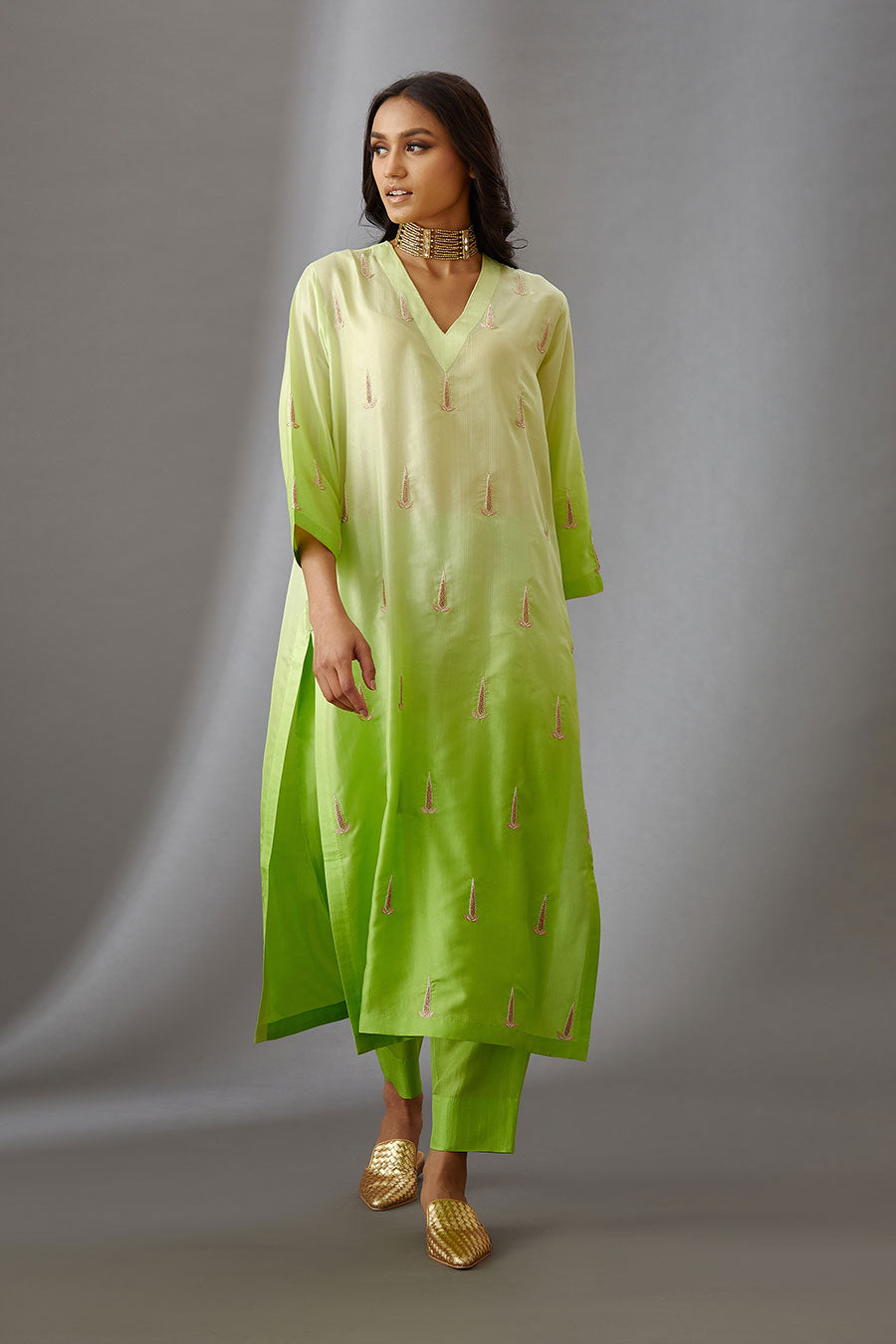 Lime Green Silk Embroidered Kurta & Pant Set