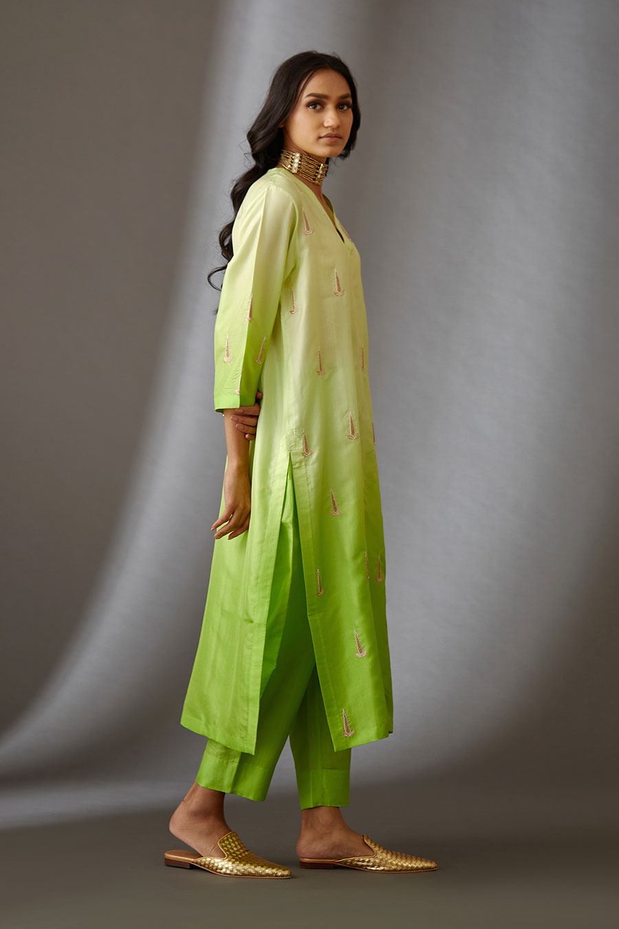 Lime Green Silk Embroidered Kurta & Pant Set