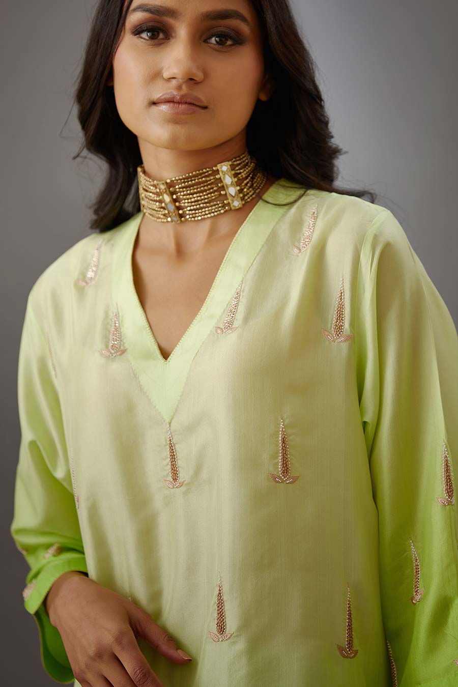 Lime Green Silk Embroidered Kurta & Pant Set