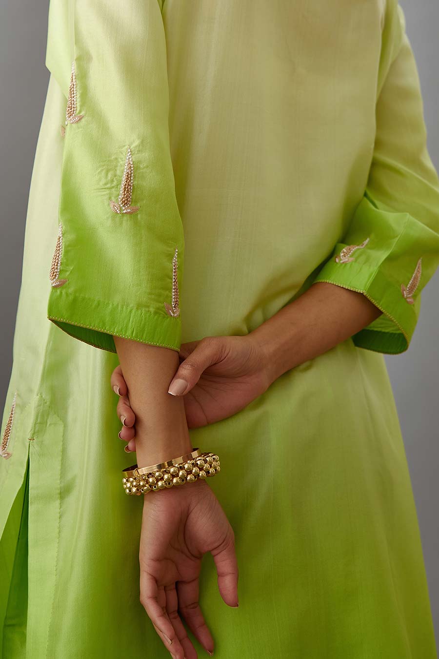 Lime Green Silk Embroidered Kurta & Pant Set