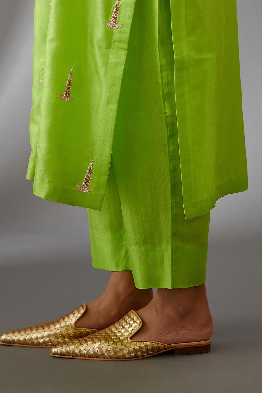Lime Green Silk Embroidered Kurta & Pant Set