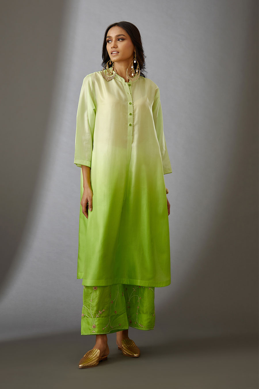 Lime Green Silk Embroidered Kurta & Pant Set