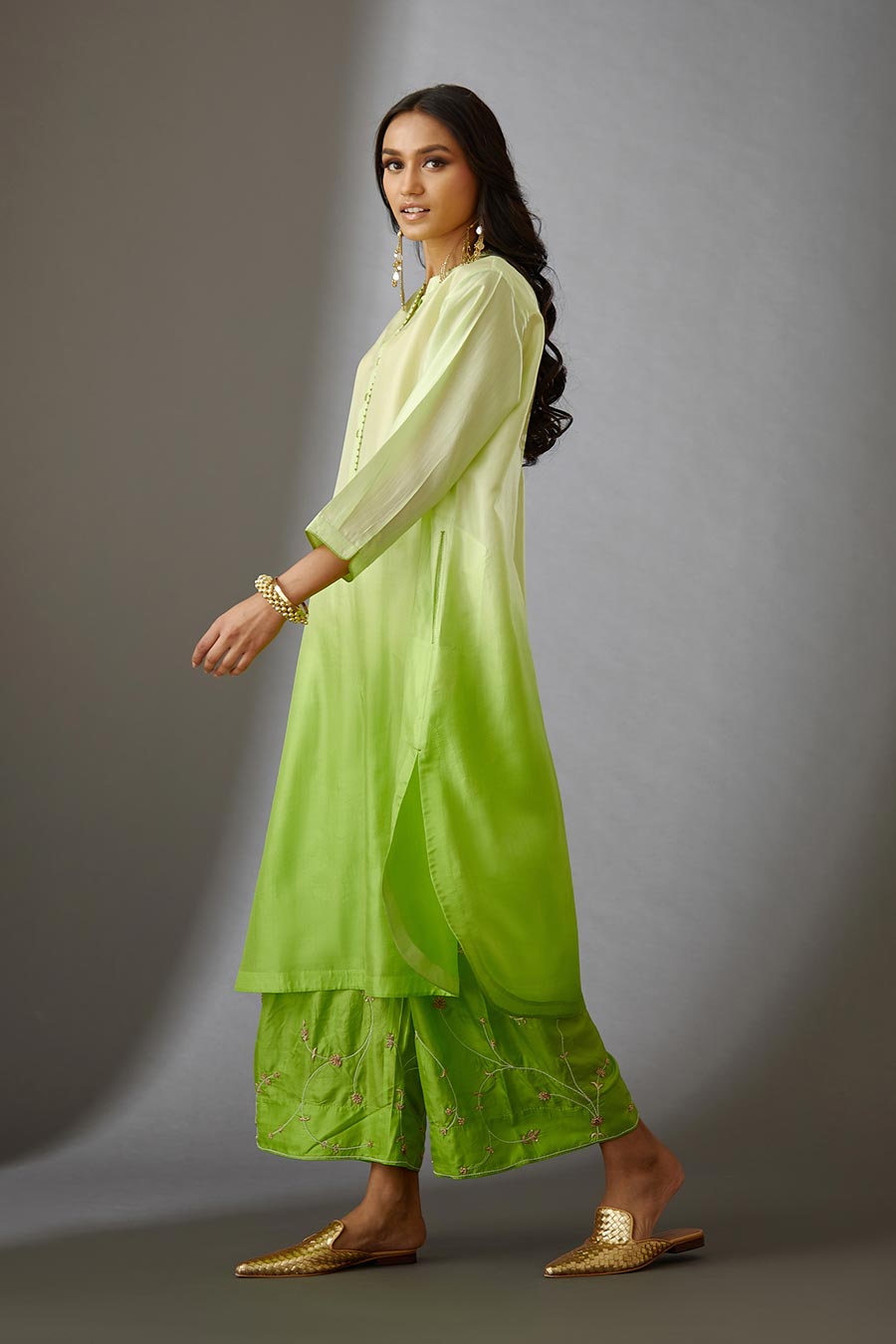 Lime Green Silk Embroidered Kurta & Pant Set