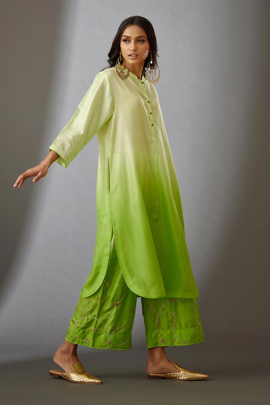 Lime Green Silk Embroidered Kurta & Pant Set