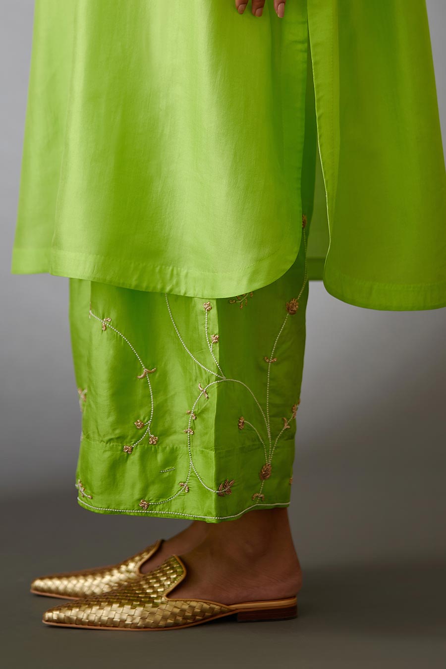 Lime Green Silk Embroidered Kurta & Pant Set