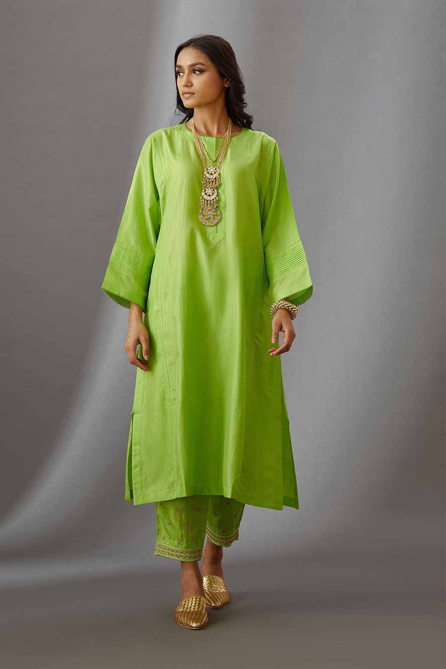 Lime Green Silk Embroidered Kurta & Pant Set