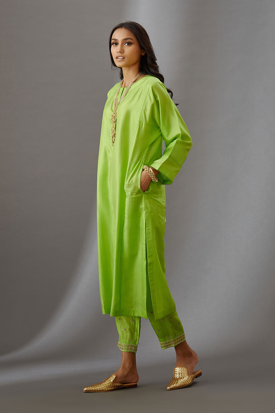 Lime Green Silk Embroidered Kurta & Pant Set