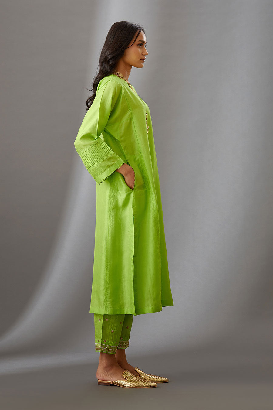 Lime Green Silk Embroidered Kurta & Pant Set