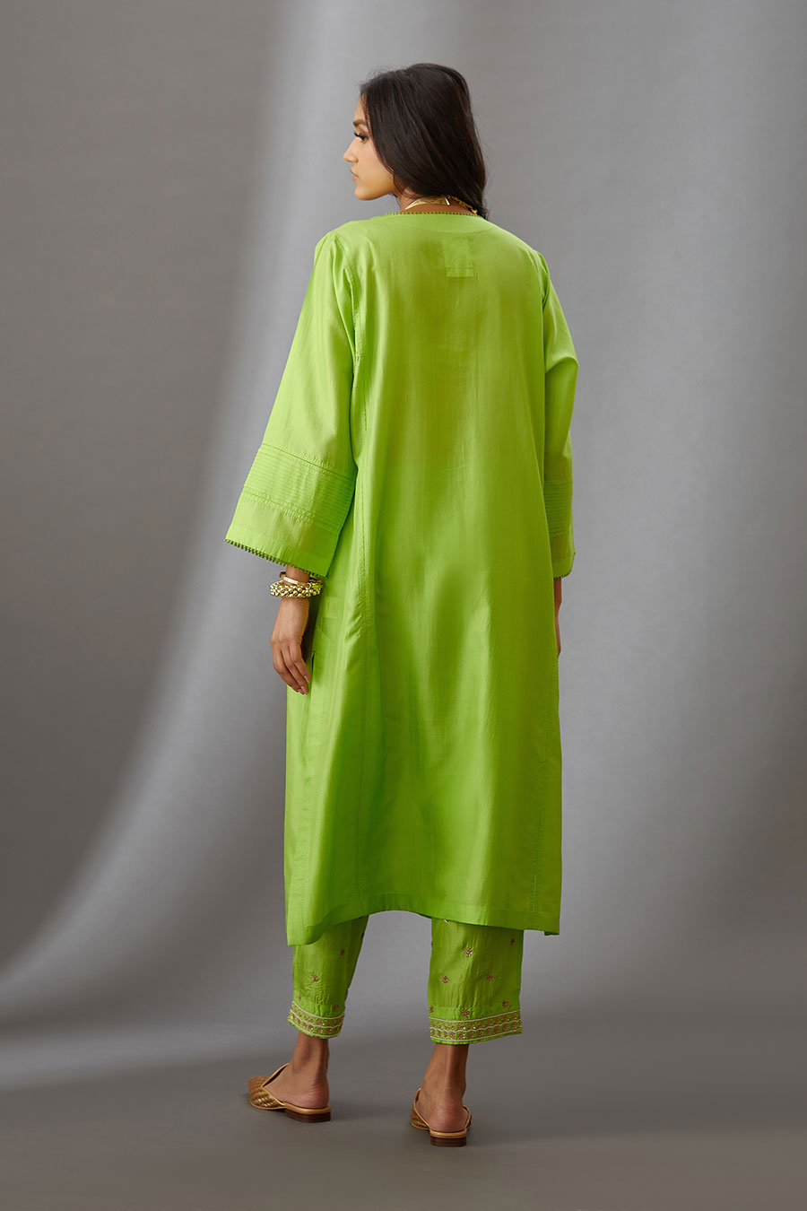 Lime Green Silk Embroidered Kurta & Pant Set