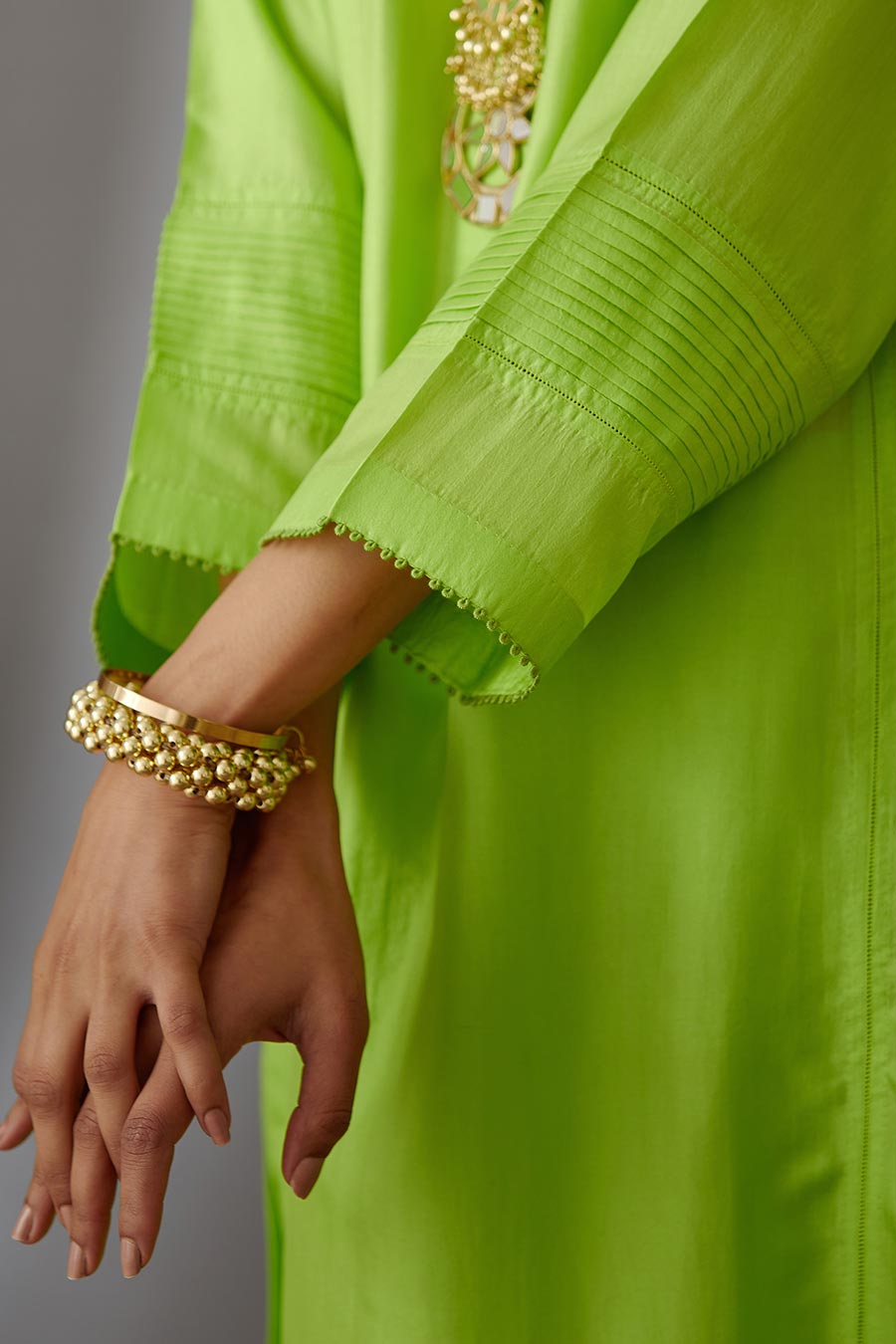 Lime Green Silk Embroidered Kurta & Pant Set