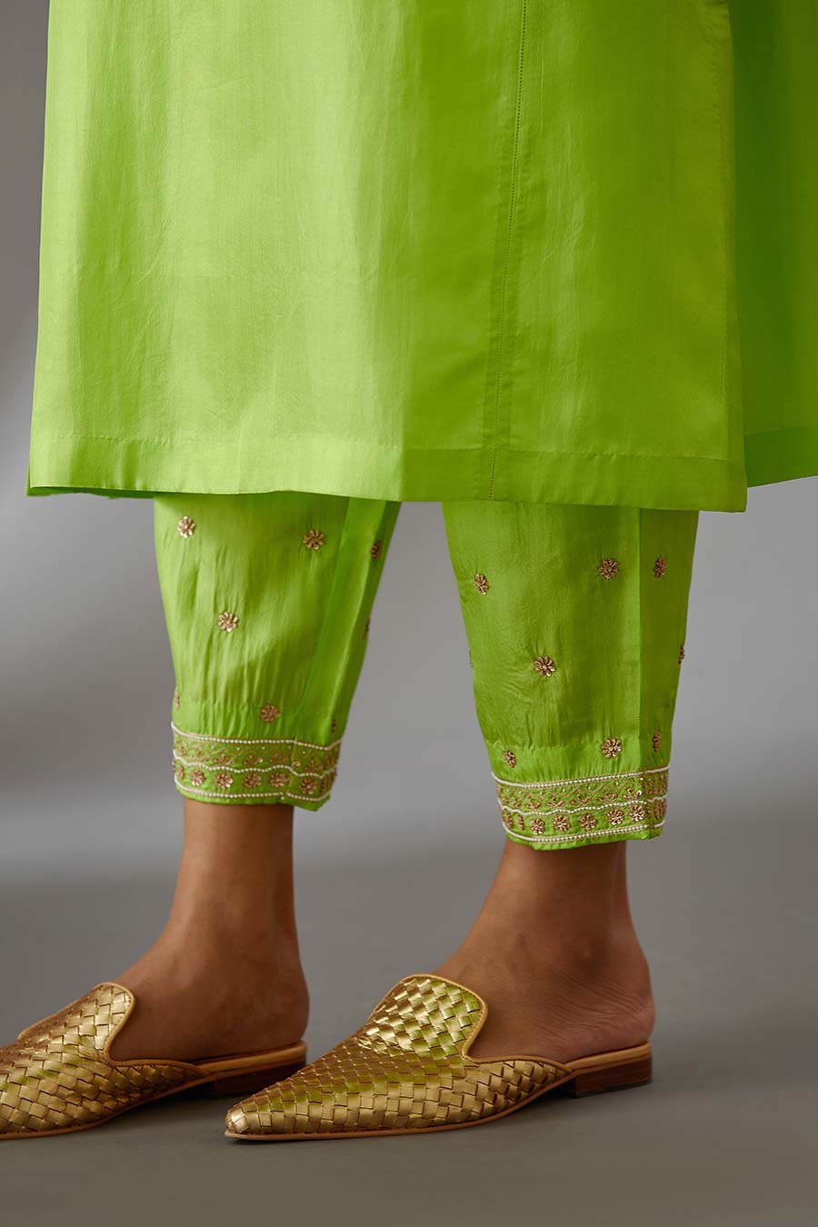 Lime Green Silk Embroidered Kurta & Pant Set