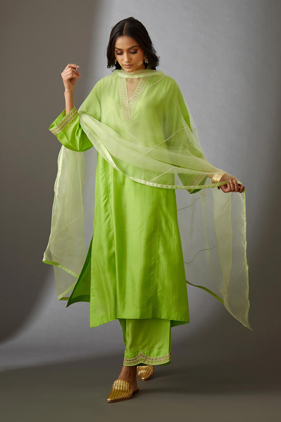 Lime Green Silk Organza Embroidered Dupatta