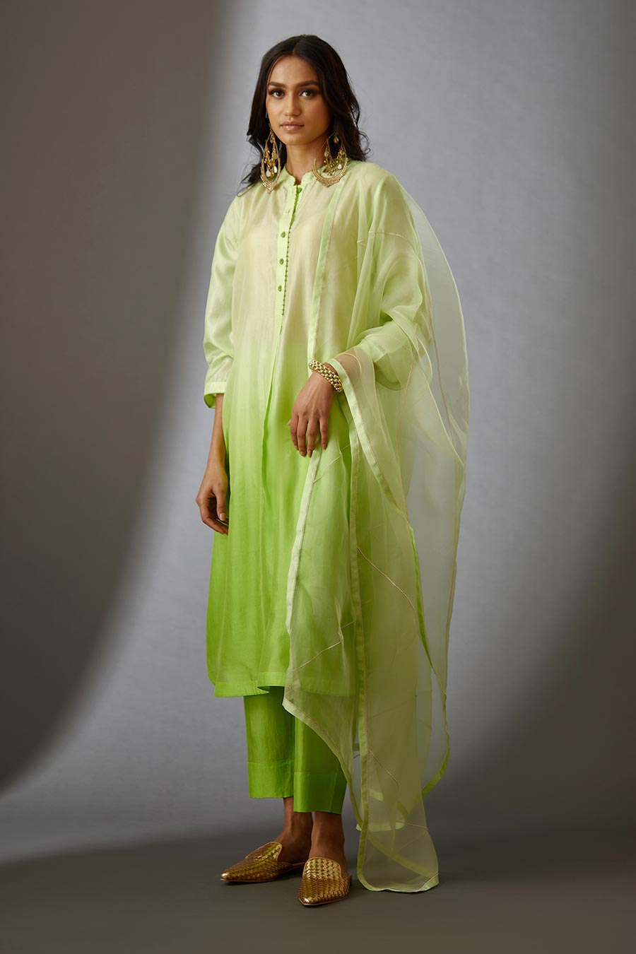 Lime Green Silk Organza Embroidered Dupatta