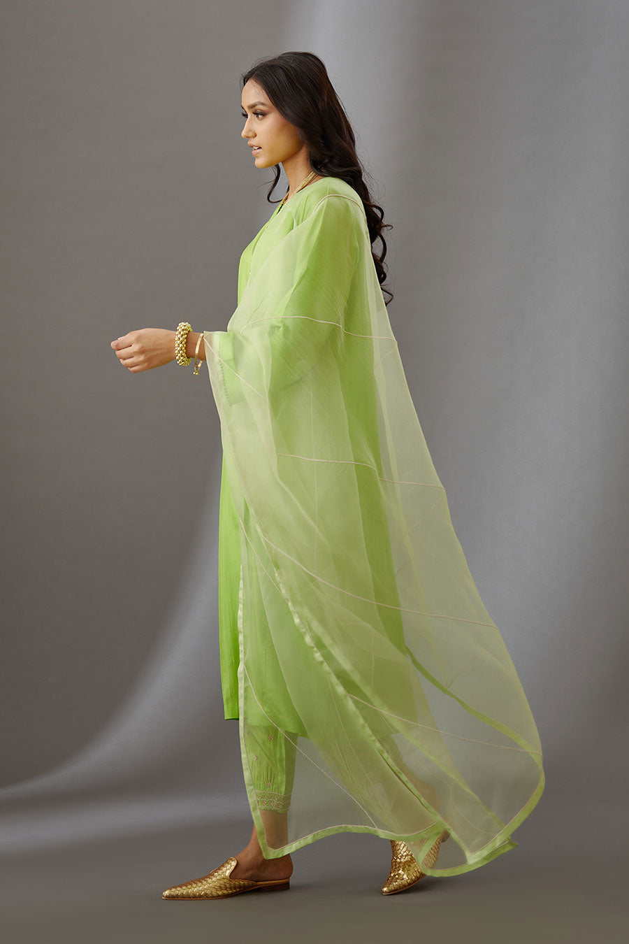Lime Green Silk Organza Embroidered Dupatta