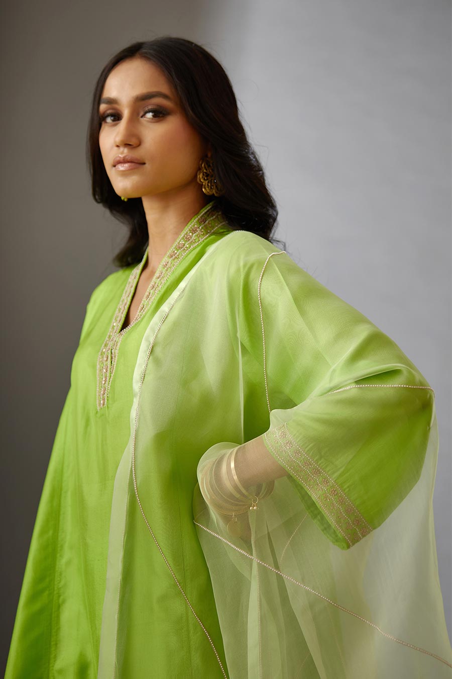 Lime Green Silk Organza Embroidered Dupatta