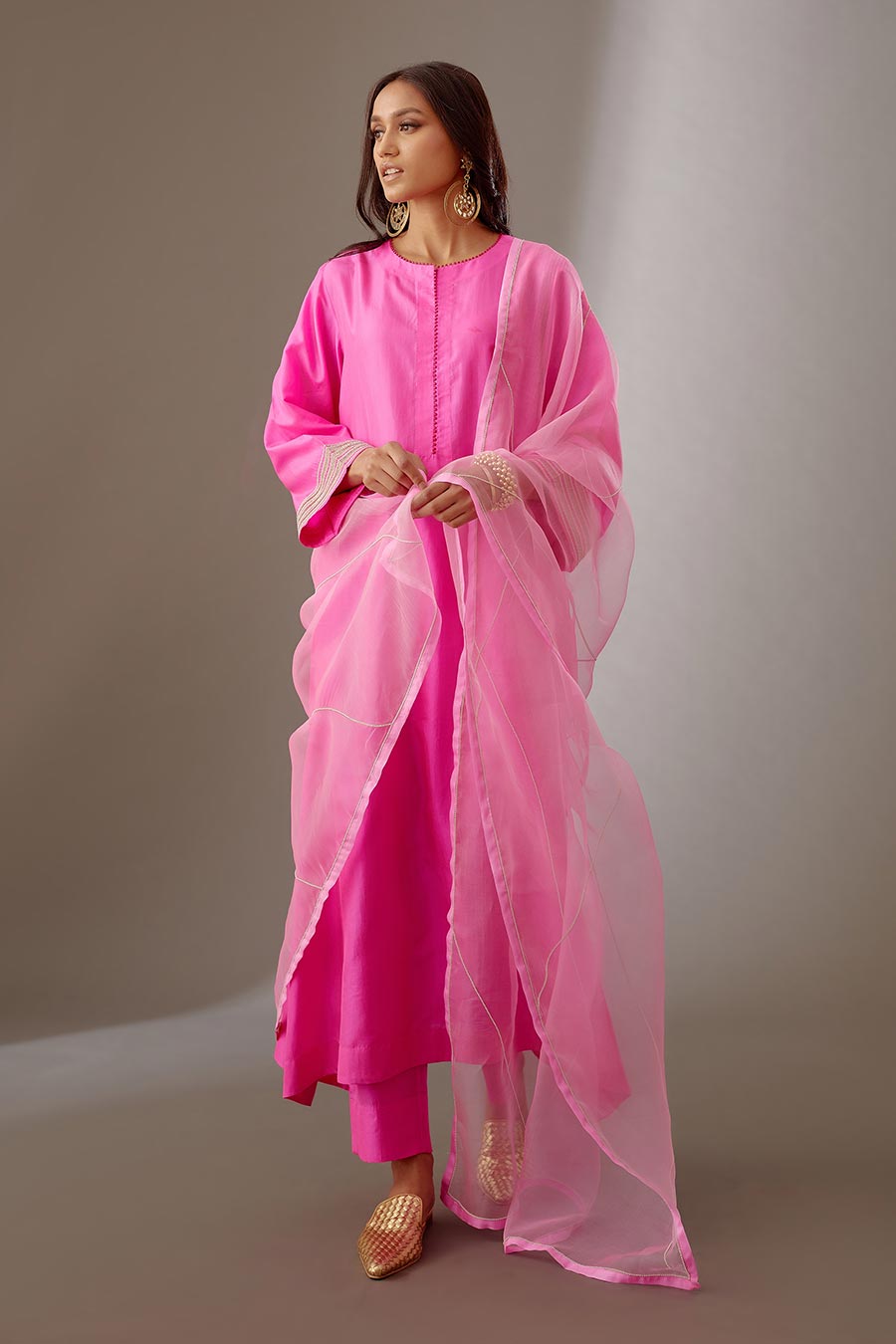 Rose Pink Silk Organza Embroidered Dupatta