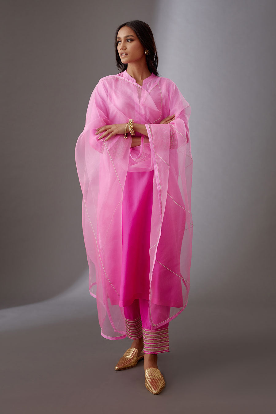 Rose Pink Silk Organza Embroidered Dupatta