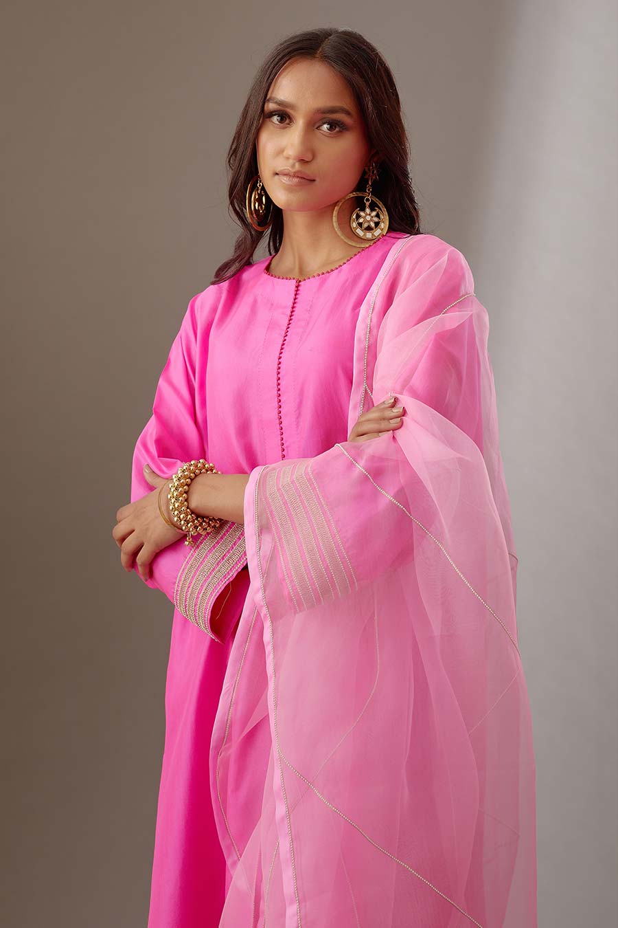 Rose Pink Silk Organza Embroidered Dupatta