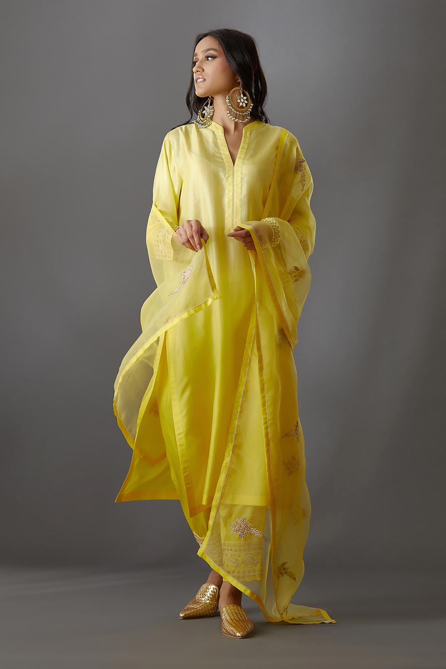 Yellow Silk Organza Embroidered Dupatta