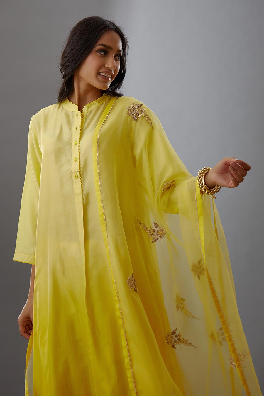 Yellow Silk Organza Embroidered Dupatta