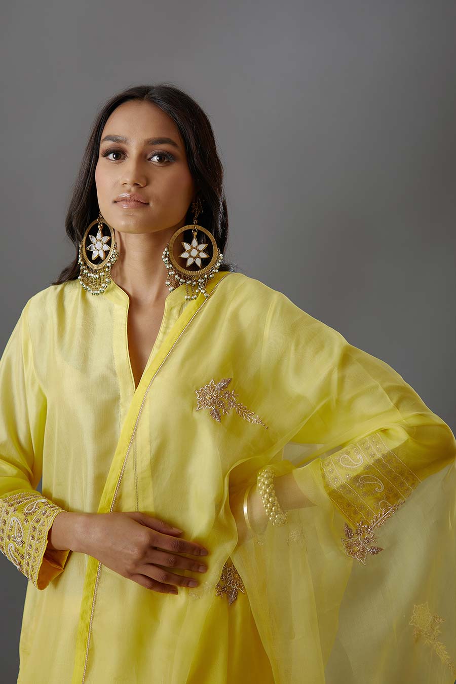 Yellow Silk Organza Embroidered Dupatta
