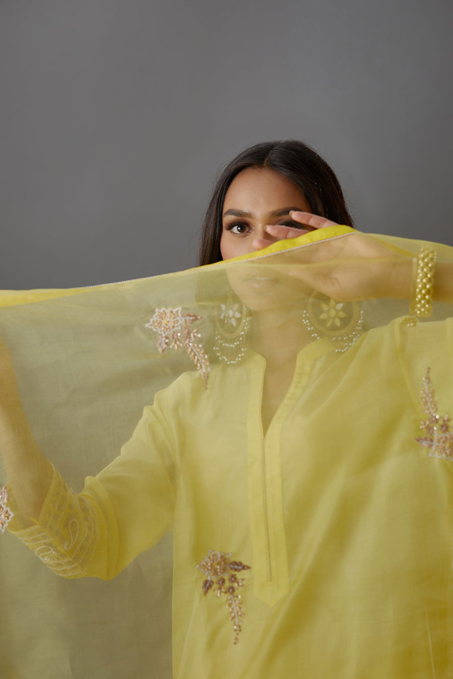 Yellow Silk Organza Embroidered Dupatta