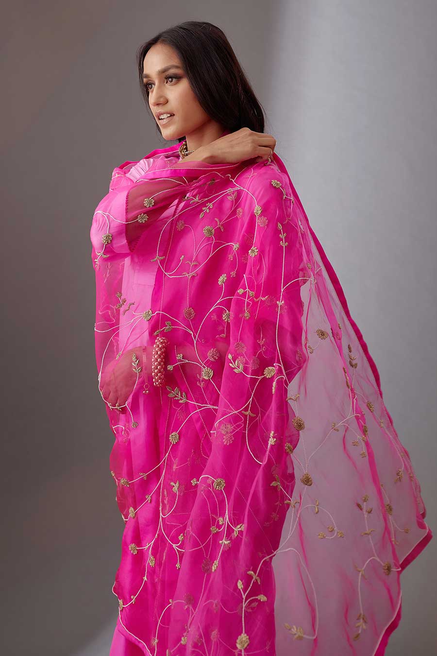 Rose Pink Silk Organza Embroidered Dupatta