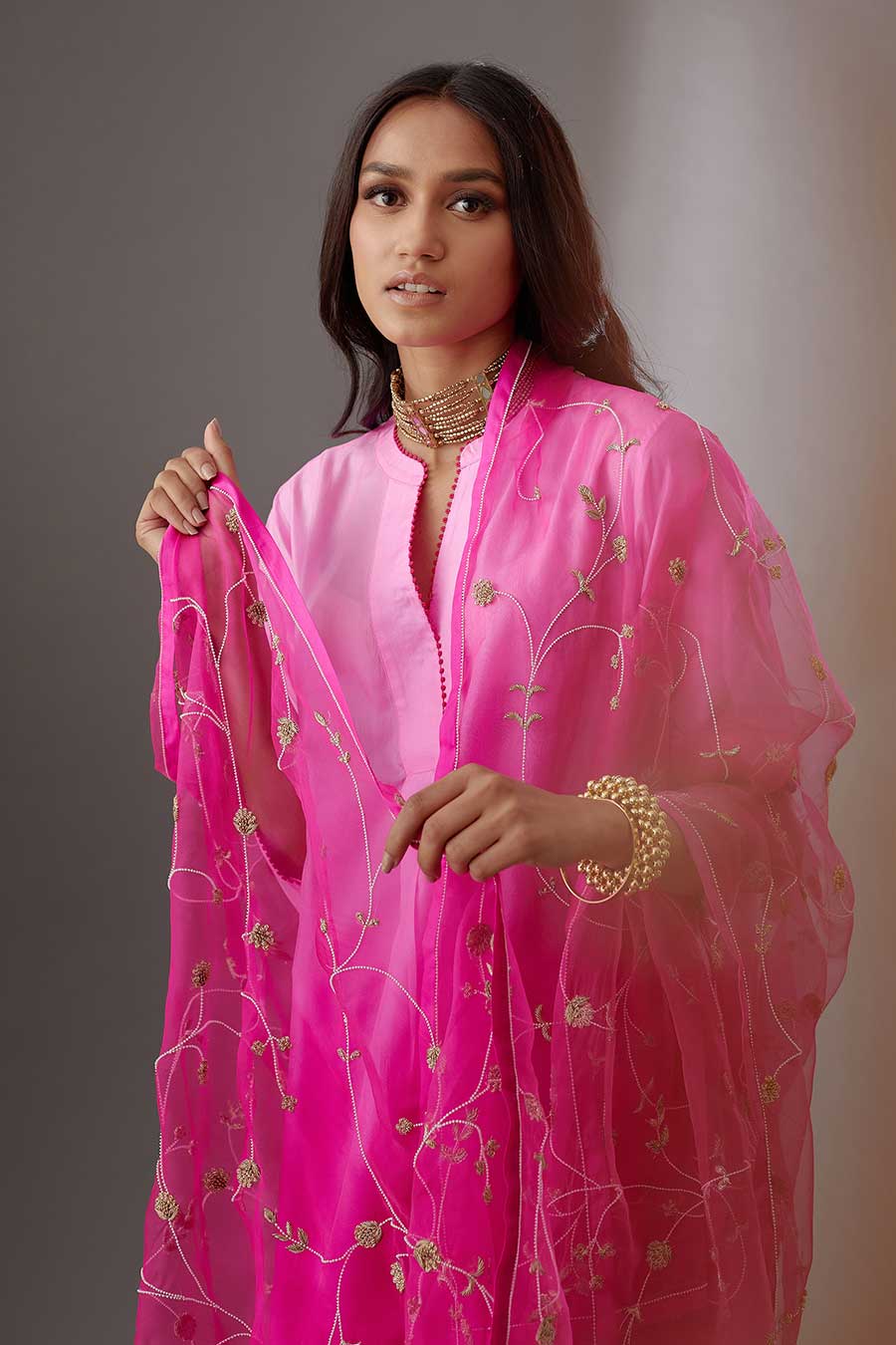 Rose Pink Silk Organza Embroidered Dupatta