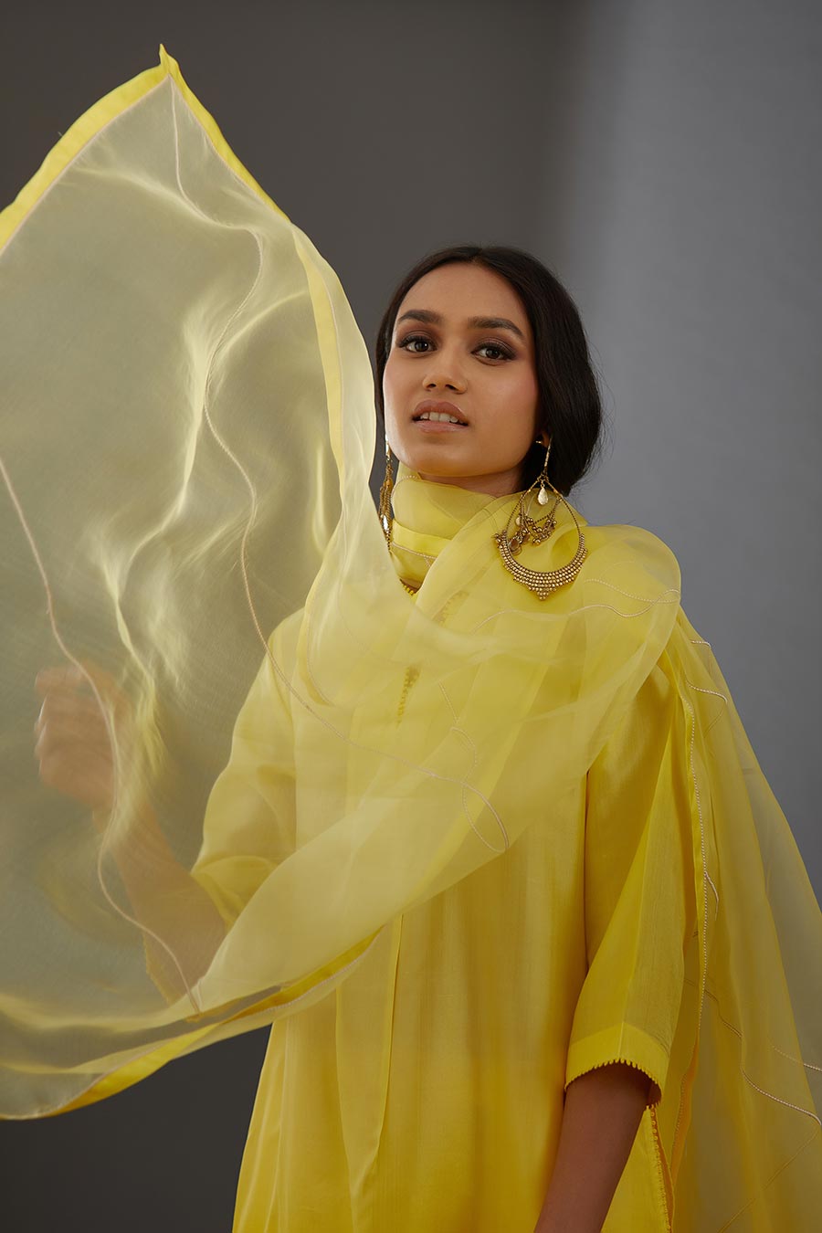 Yellow Silk Organza Embroidered Dupatta