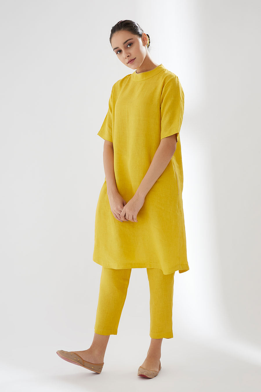 Canary Yellow Linen Kurta & Pants Set