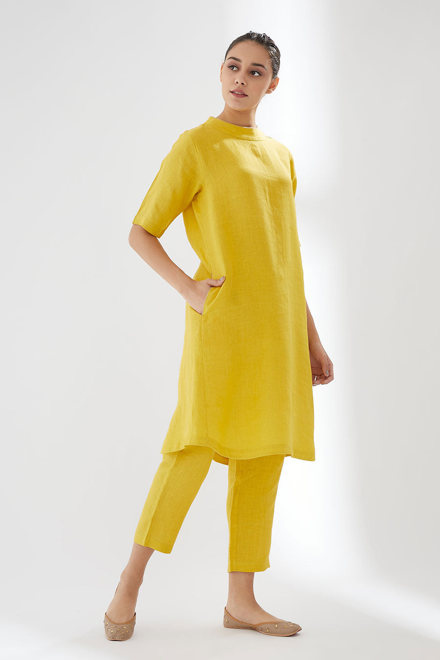 Canary Yellow Linen Kurta & Pants Set