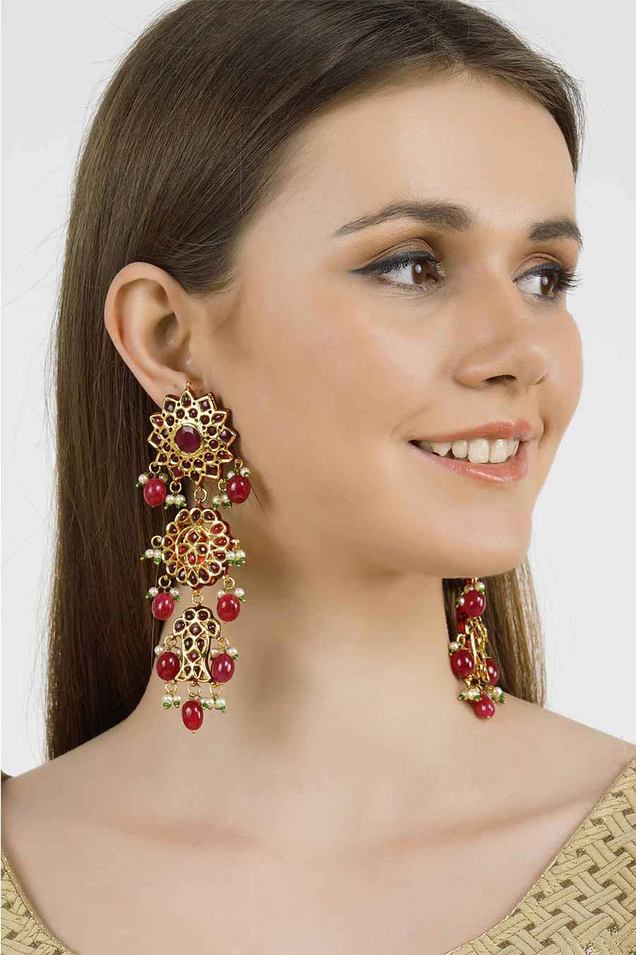 Gold Plated Maroon Kundan Dangler Earrings