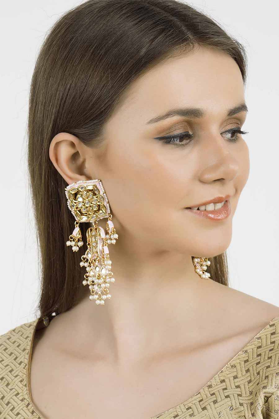 Gold Plated Pink Kundan Dangler Earrings