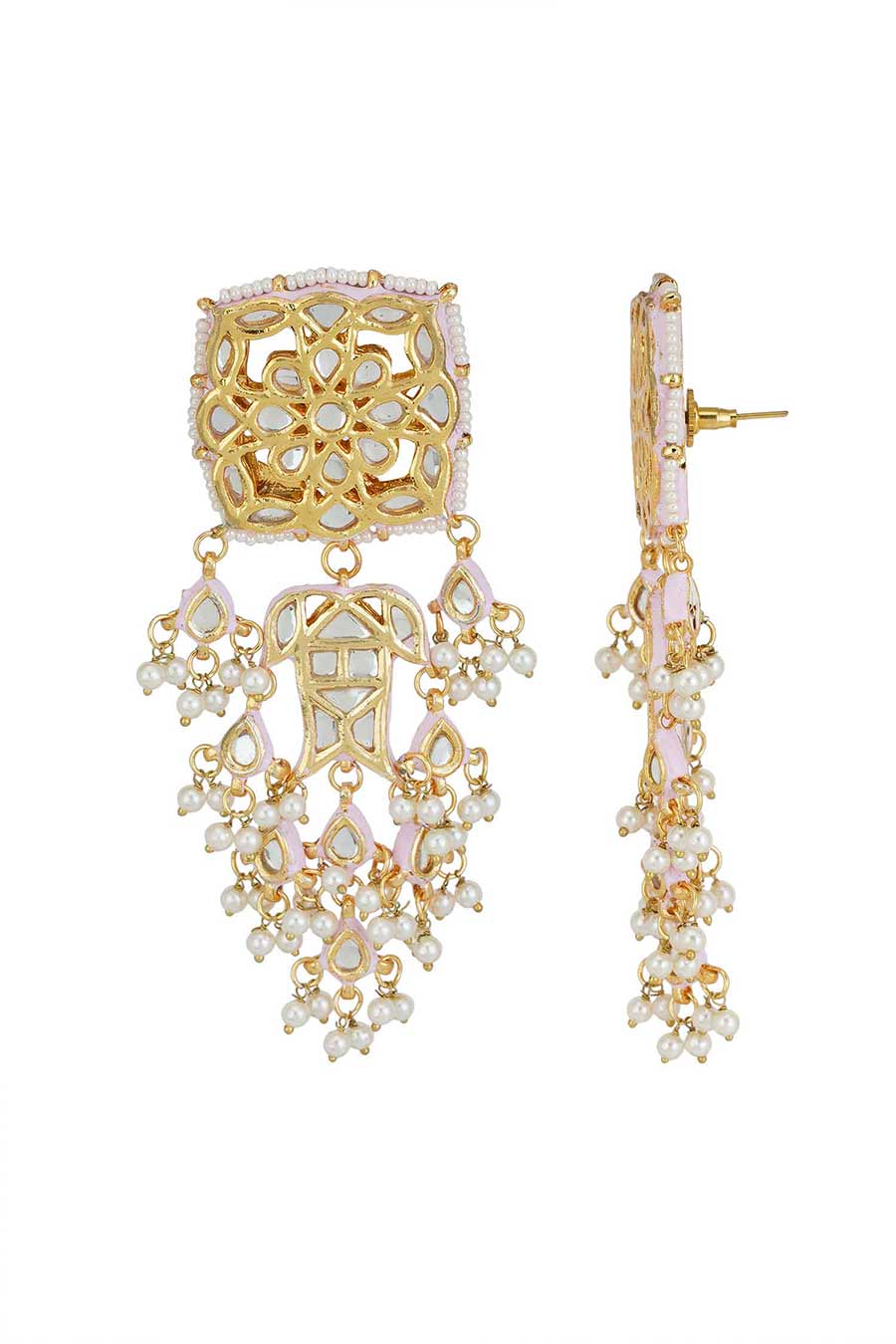 Gold Plated Pink Kundan Dangler Earrings