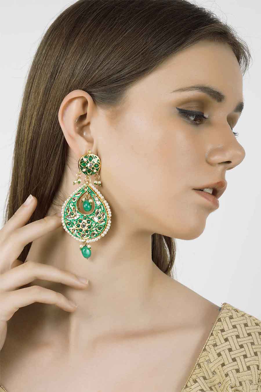 Gold Plated Green Kundan Drop Earrings