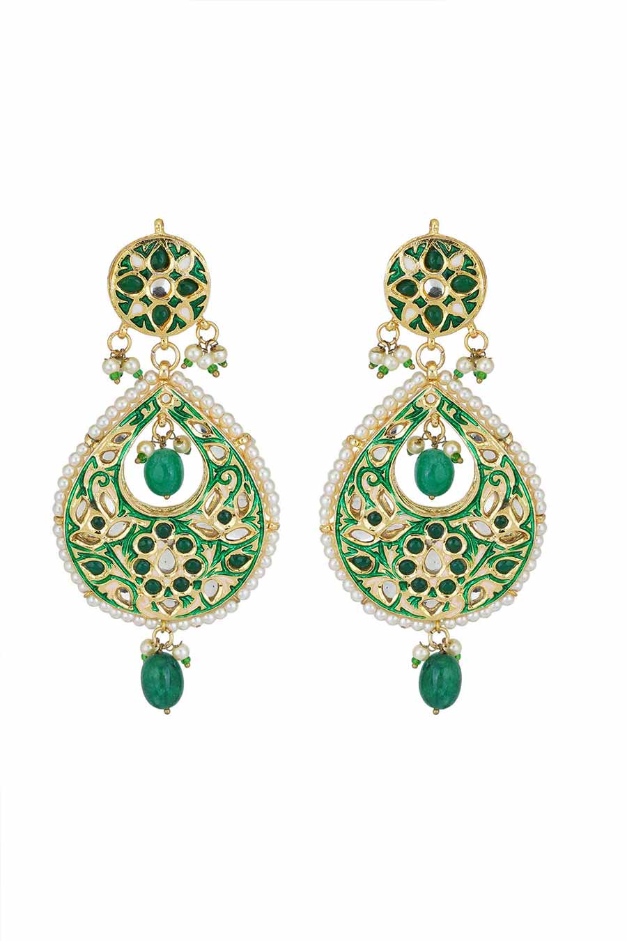 Gold Plated Green Kundan Drop Earrings