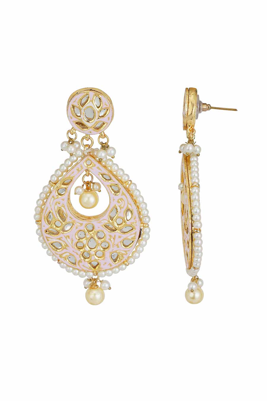 Gold Plated Pink Kundan Drop Earrings