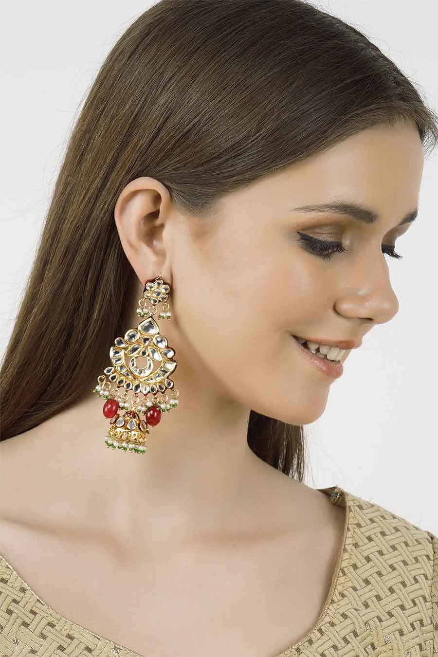 Gold Plated Red Kundan Dangler Earrings