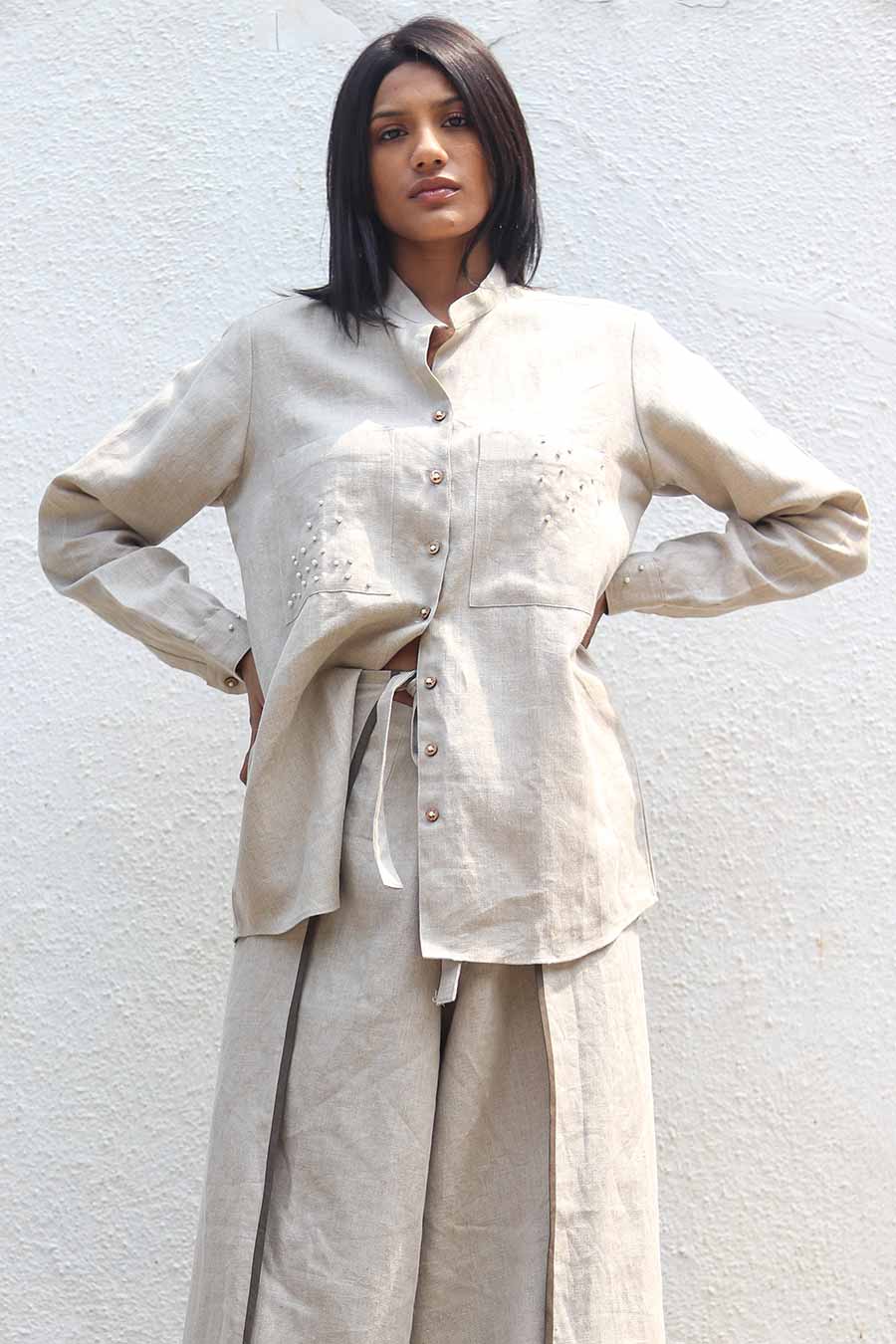 Beige Linen Pearl Embroidered Shirt
