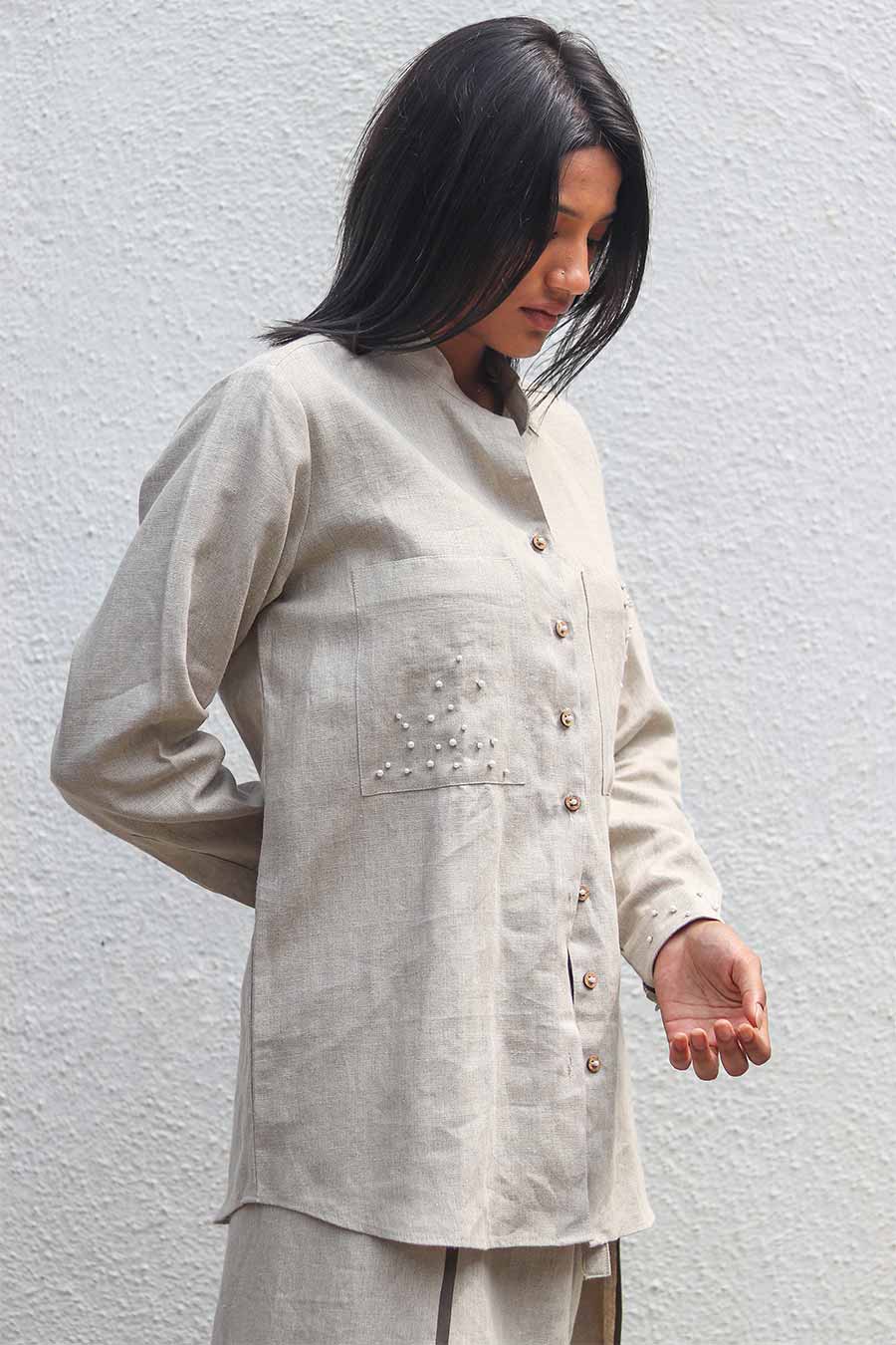 Beige Linen Pearl Embroidered Shirt