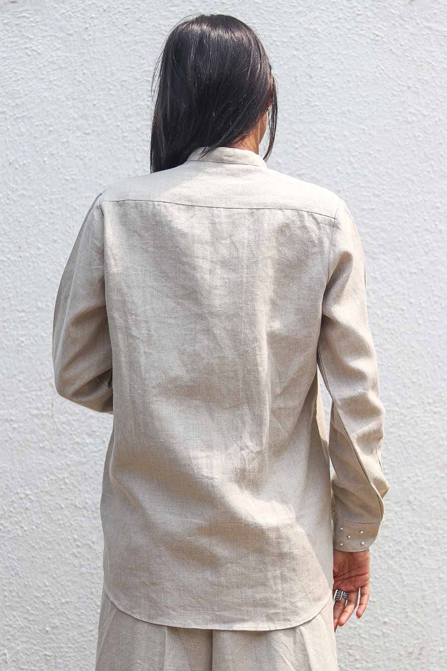 Beige Linen Pearl Embroidered Shirt