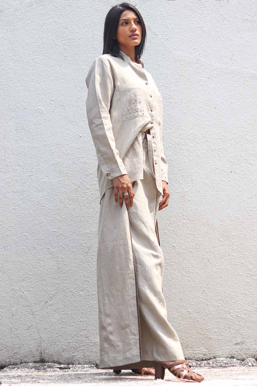 Beige Linen Pearl Embroidered Shirt