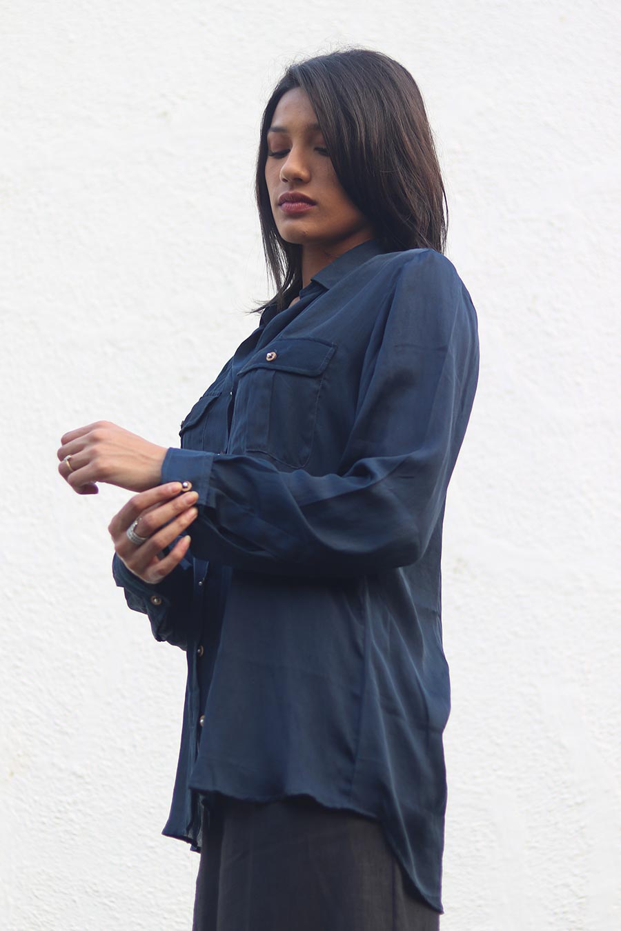 Navy Blue Crepe Silk Shirt