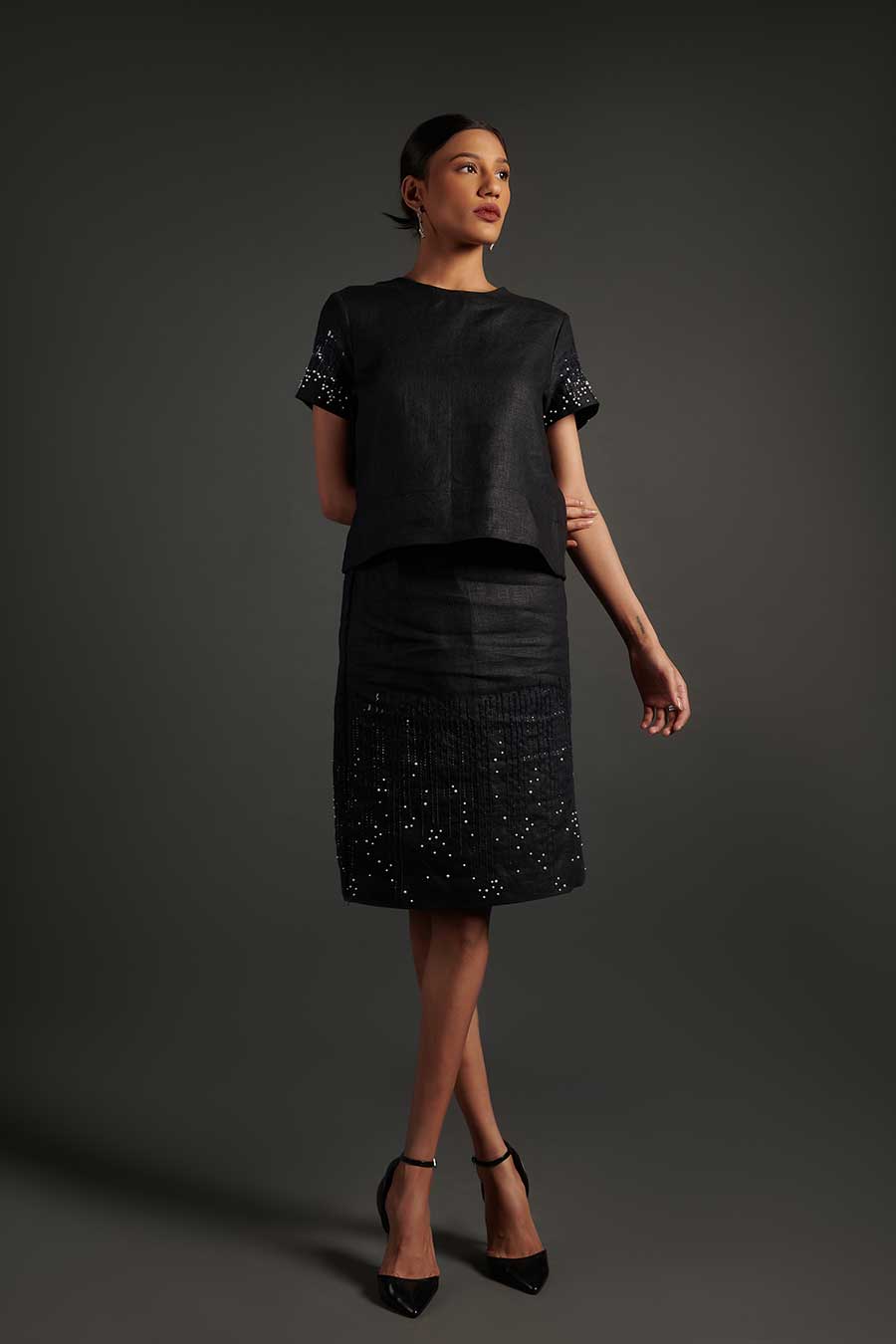 Black Linen Embroidered Top