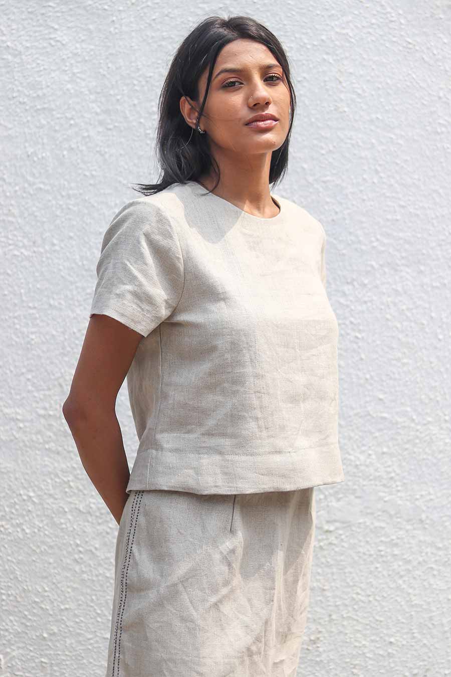 Beige Linen Back Cut-Out Top